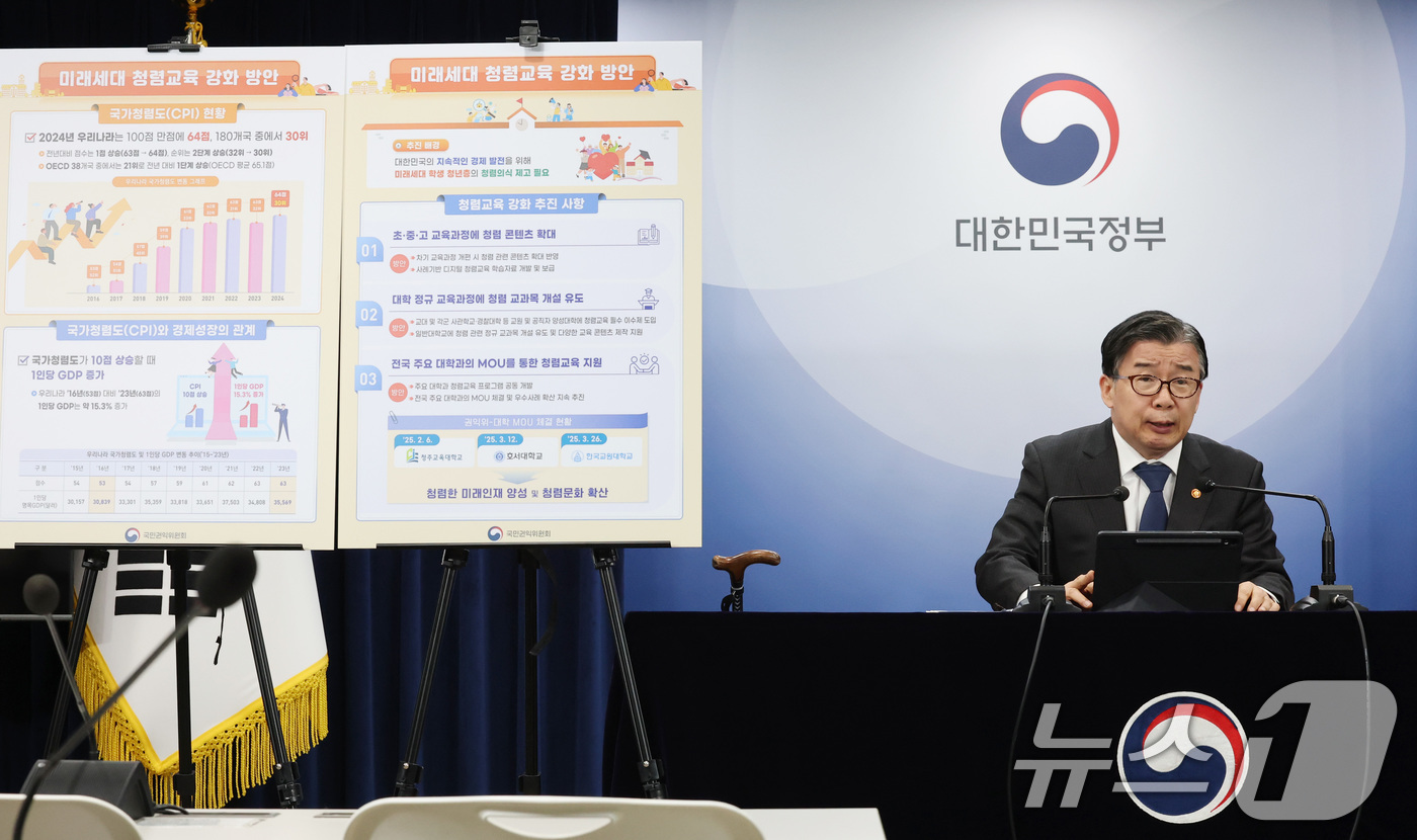 (서울=뉴스1) 임세영 기자 = 유철환 국민권익위원회 위원장이 28일 오전 서울 종로구 정부서울청사에서 국가청렴도 제고 및 미래세대 청렴 교육 강화 등 국민권익위 3월 정례브리핑을 …