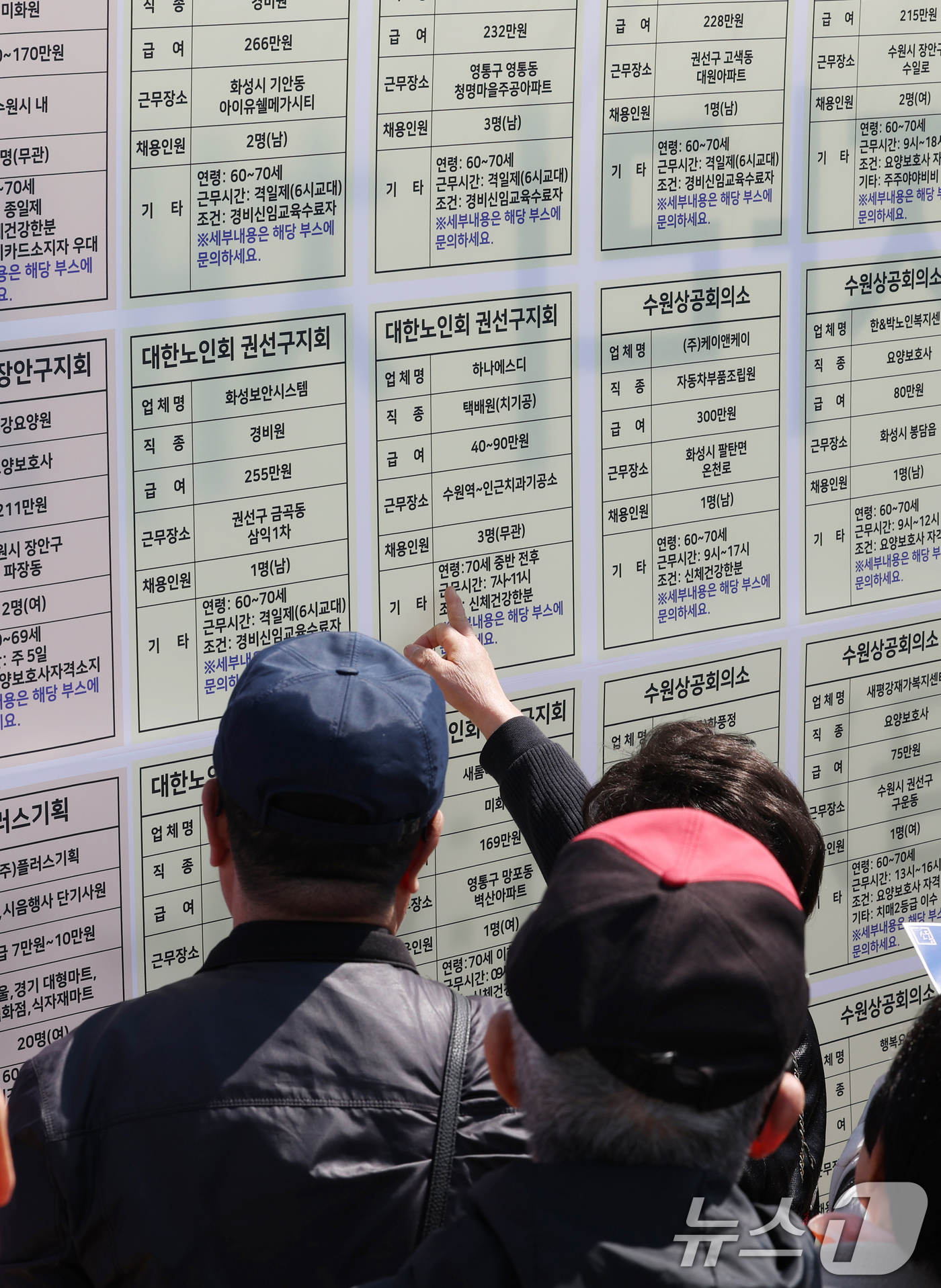 (수원=뉴스1) 김영운 기자 = 28일 오후 경기 수원시 팔달구 화성행궁광장에서 열린 '2025년 제17회 노인일자리 채용 한마당'에서 60세 이상 고령 구직자들이 구인 게시판을 …