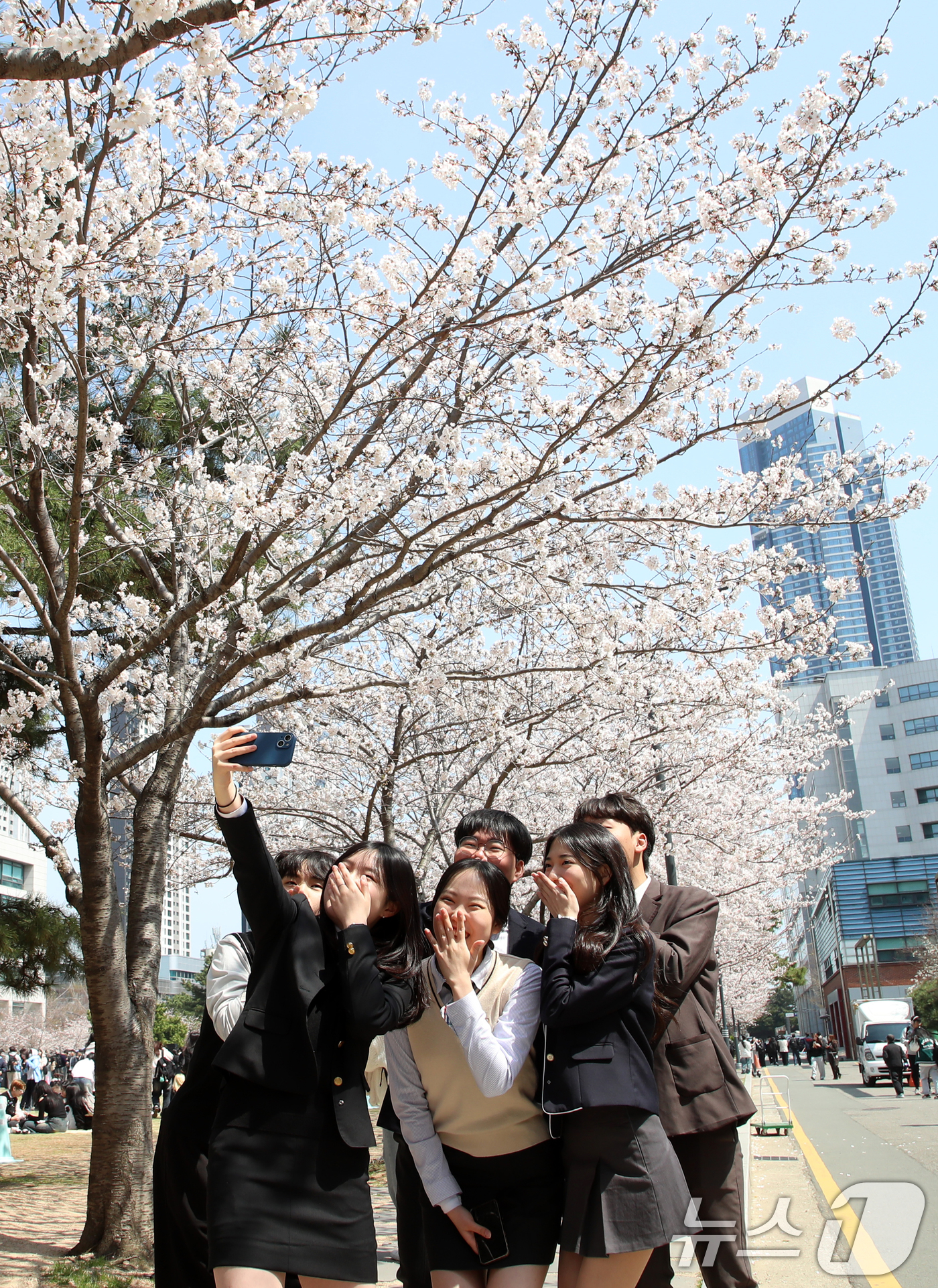 (부산=뉴스1) 윤일지 기자 = 31일 오후 부산 남구 국립부경대학교 대연캠퍼스에서 벚꽃 축제 '핑크캠퍼스'에서 4월 1일 '만우절'을 맞아 부경대 학생들이 고등학생 때 입었던 교 …