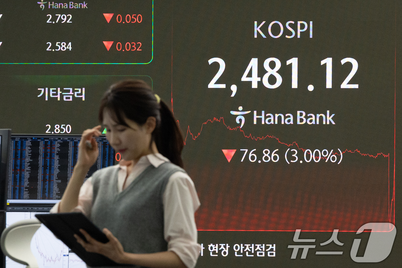 (서울=뉴스1) 이승배 기자 = 모든 상장 종목의 공매도가 전면 재개된 31일 서울 중구 하나은행 본점 딜링룸 전광판에 종가 현황이 표시돼 있다.이날 코스피 지수는 전 거래일 대비 …