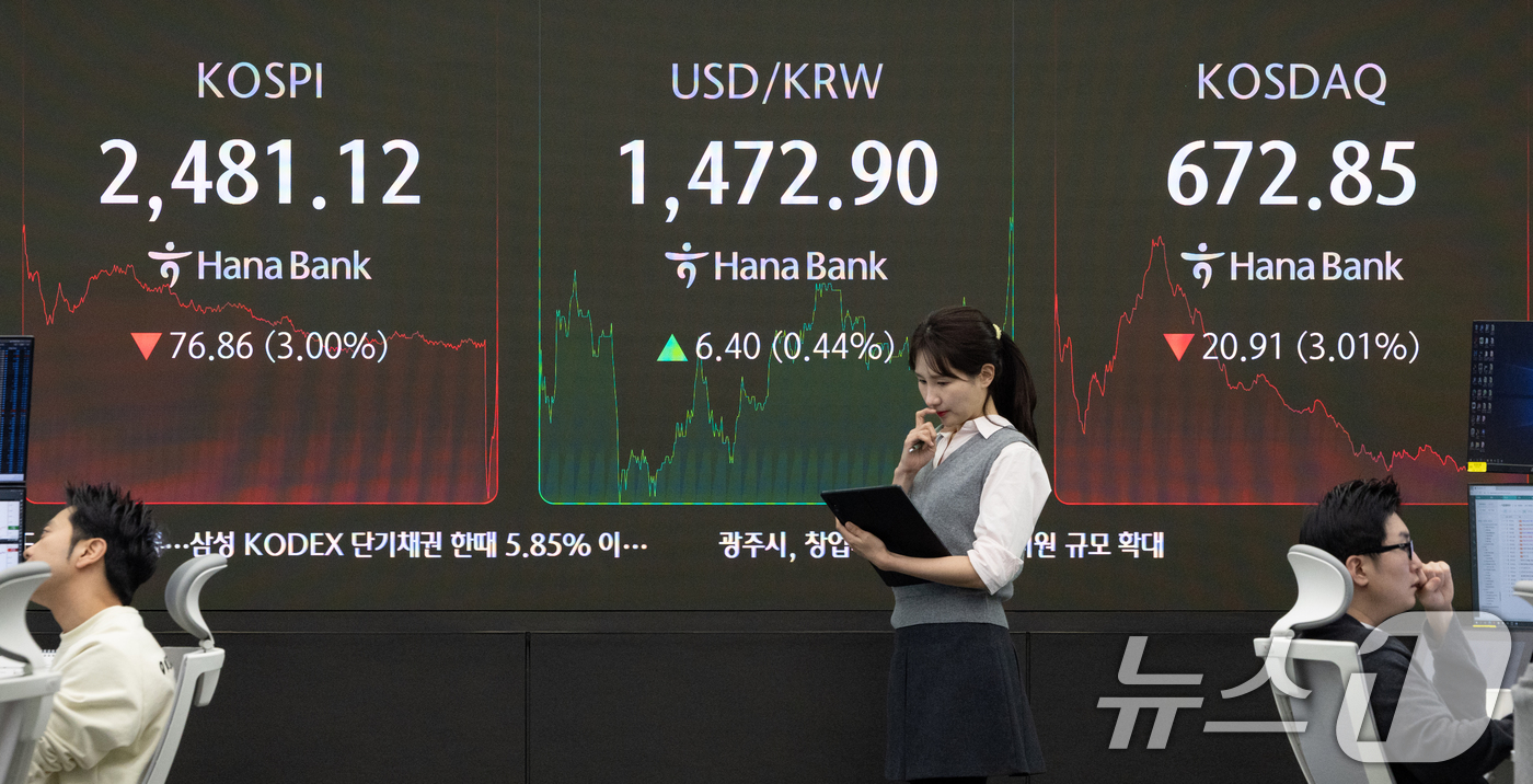 (서울=뉴스1) 이승배 기자 = 모든 상장 종목의 공매도가 전면 재개된 31일 서울 중구 하나은행 본점 딜링룸 전광판에 종가 현황이 표시돼 있다.이날 코스피 지수는 전 거래일 대비 …