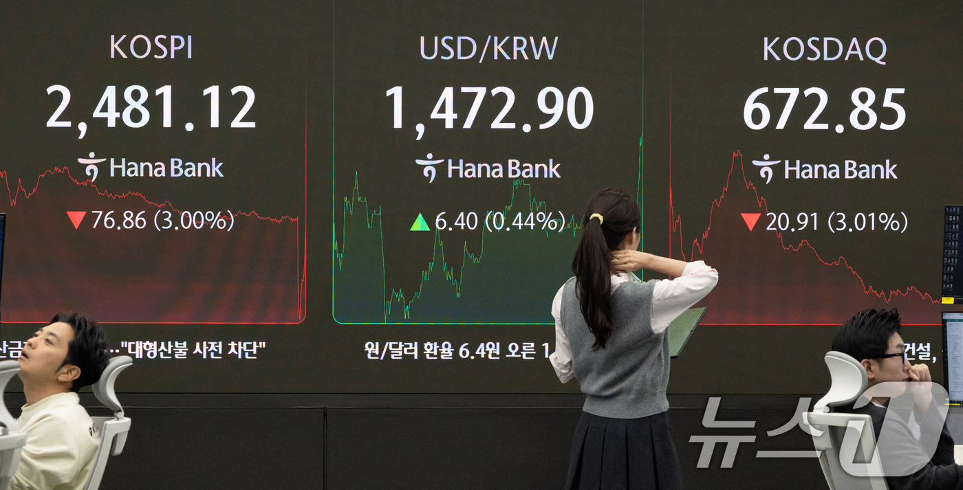 (서울=뉴스1) 이승배 기자 = 모든 상장 종목의 공매도가 전면 재개된 31일 서울 중구 하나은행 본점 딜링룸 전광판에 종가 현황이 표시돼 있다.이날 코스피 지수는 전 거래일 대비 …