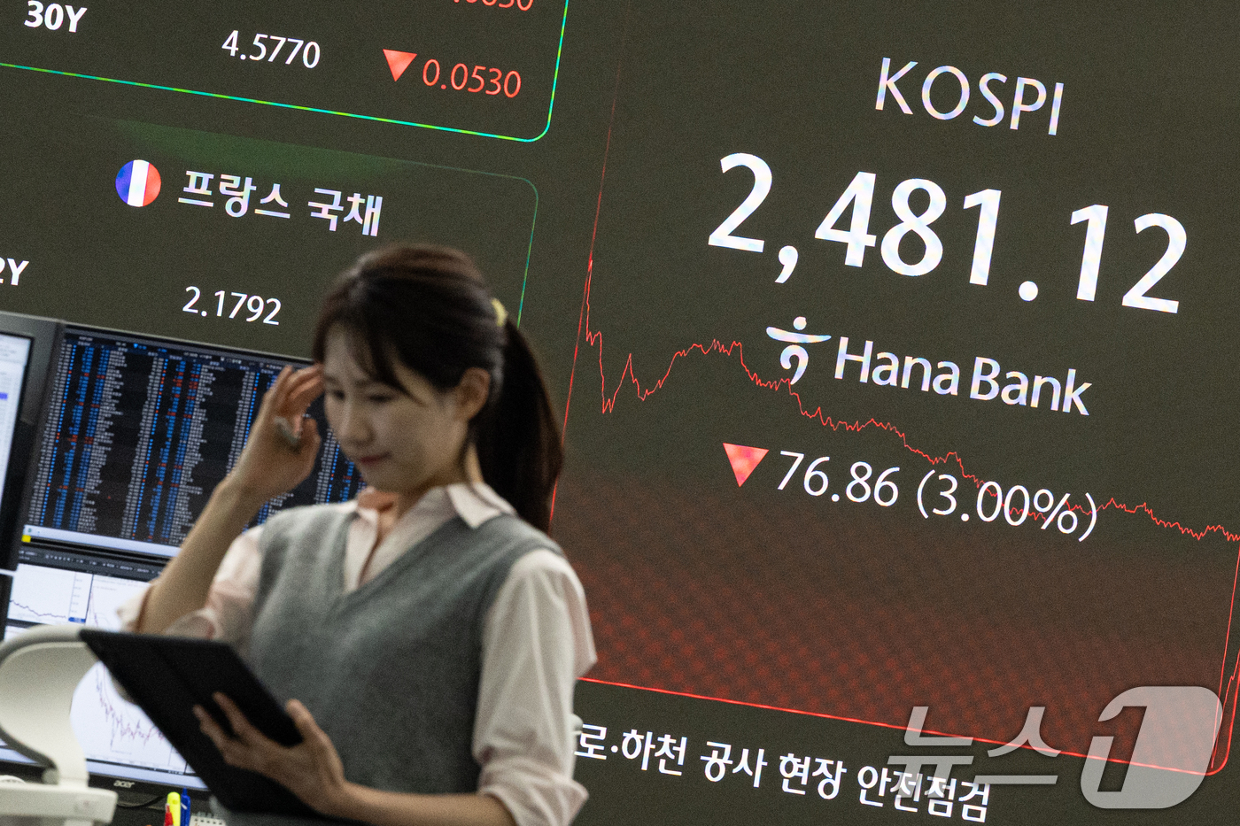 (서울=뉴스1) 이승배 기자 = 모든 상장 종목의 공매도가 전면 재개된 31일 서울 중구 하나은행 본점 딜링룸 전광판에 종가 현황이 표시돼 있다.이날 코스피 지수는 전 거래일 대비 …