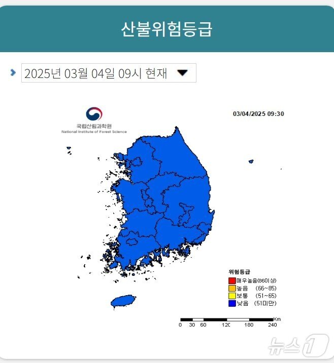 본문 이미지 - 산림청 국립산불위험예보시스템의 '산불 위험 등급'에 강원 동해안을 비롯한 전역에서 '낮음' 단계를 보이고 있다.(산림청 국립산불위험예보시스템 홈페이지 캡처, 재판매 및 DB 금지) 2025.3.4/뉴스1