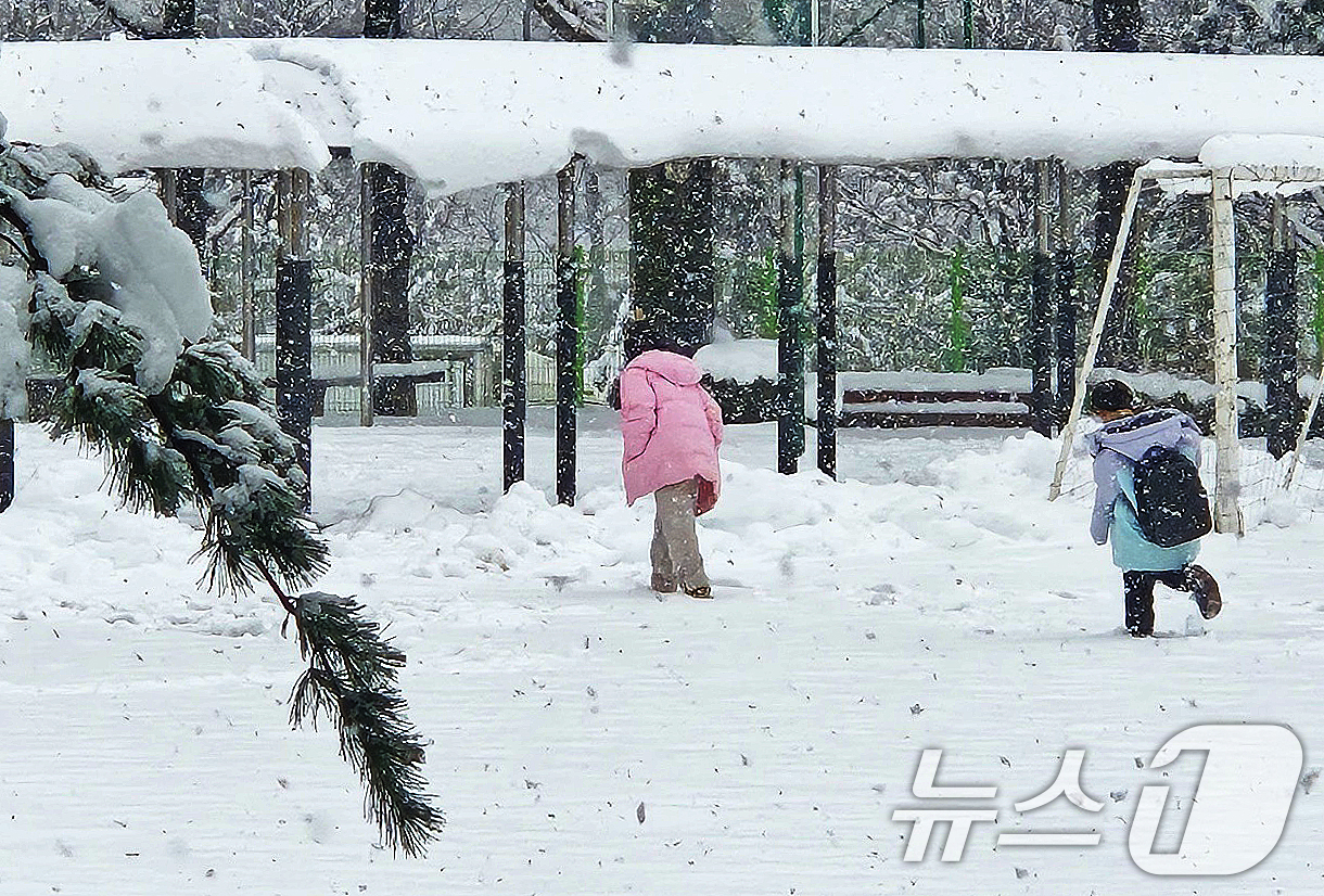 (강릉=뉴스1) 윤왕근 기자 = 강원 산간과 동해안을 중심으로 대설특보가 발효된 4일 강원 강릉시 성산초등학교 아이들이 폭설 속 하교하고 있다. 기상청은 오는 5일까지 강원 산지에 …
