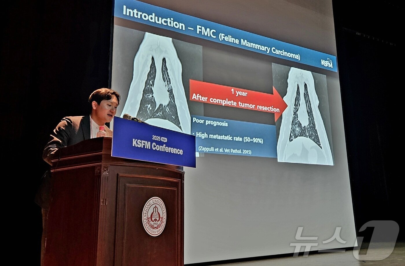본문 이미지 - 김도윤 본동물의료센터 과장이 2일 세종대에서 열린 '2025 KSFM 컨퍼런스'에서 강의를 하고 있다. ⓒ 뉴스1 최서윤 기자