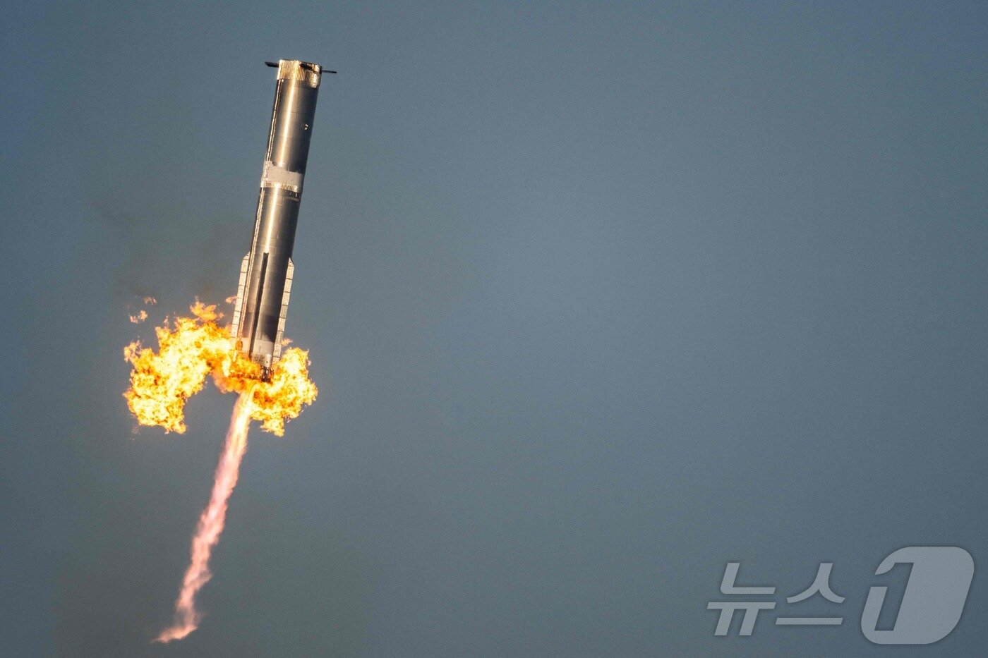 본문 이미지 - 일론 머스크의 스페이스X &#39;스타십&#39; 로켓이 6일&#40;현지 시간&#41; 텍사스주 보카치카 해변 스타베이스 우주 발사시설에서 8차 지구궤도 시험비행을 위해 발사 후 1단 로켓 부스터는 발사대로 돌아 오고 있다. 2025.03.07 ⓒ AFP=뉴스1 ⓒ News1 우동명 기자