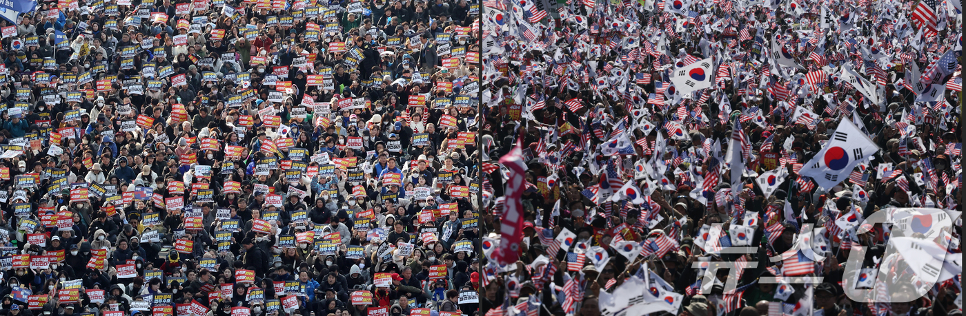 (서울=뉴스1) 이동해 기자 = 법원의 윤석열 대통령 구속 취소 결정 이후 첫 주말인 8일 서울 도심 곳곳에서 윤 대통령 탄핵 찬반 집회가 열렸다.사진 왼쪽은 종로구 안국동에서 열 …