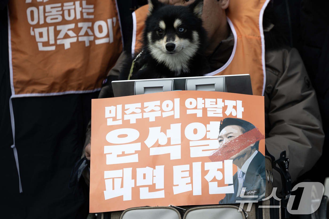 (서울=뉴스1) 이승배 기자 = 9일 오전 서울 종로구 경복궁역 인근에서 열린 '내란수괴 윤석열 즉각 파면 촉구 비상행동 주간 선포 기자회견'에서 참가자들이 윤석열 대통령의 파면을 …