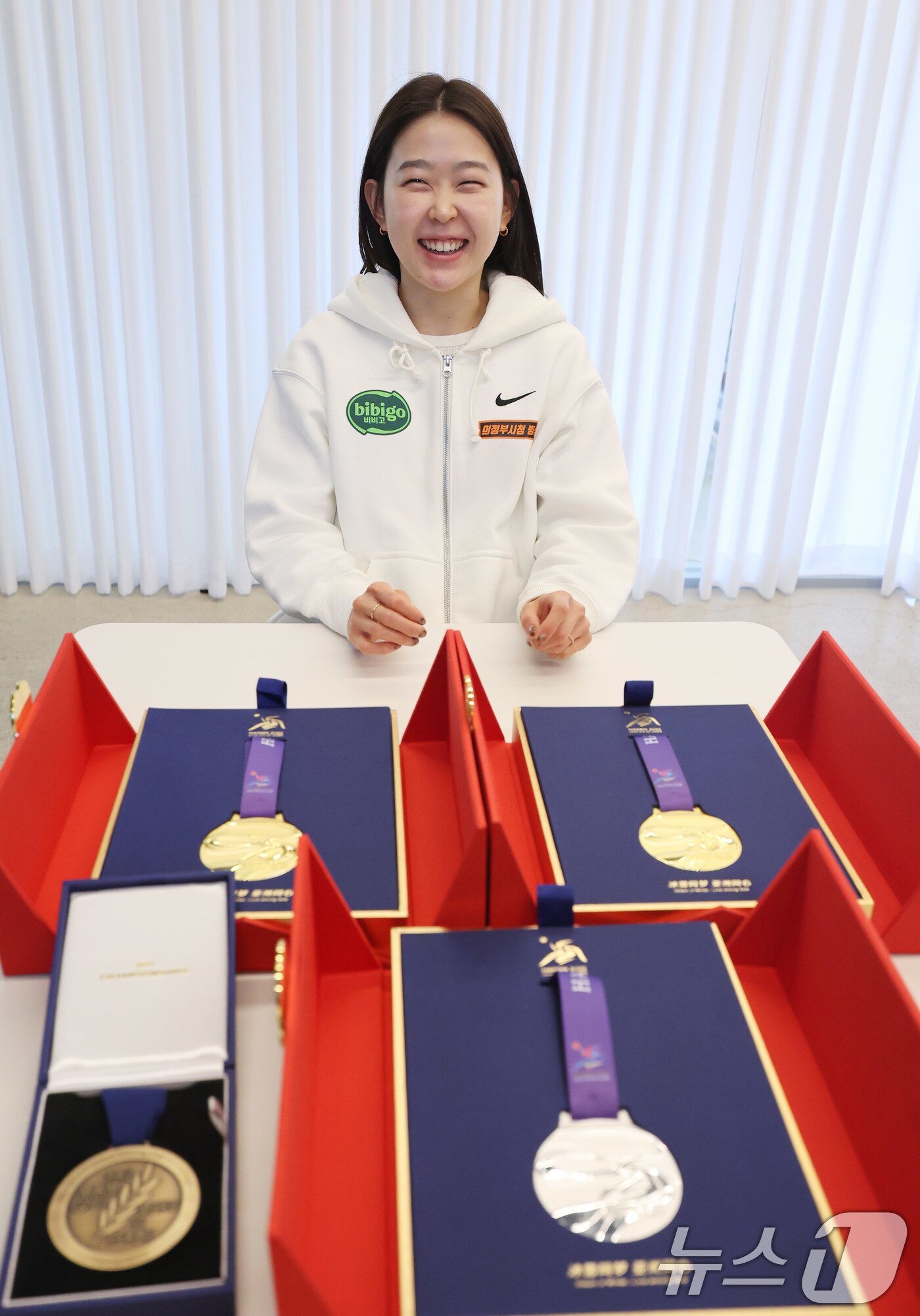 본문 이미지 - 한국 여자 스피드스케이팅 간판 김민선이 1일 서울 강남구 넥스트크리에이티브 빌딩에서 뉴스1과 인터뷰를 하고 있다. 2025.4.1/뉴스1 ⓒ News1 박지혜 기자