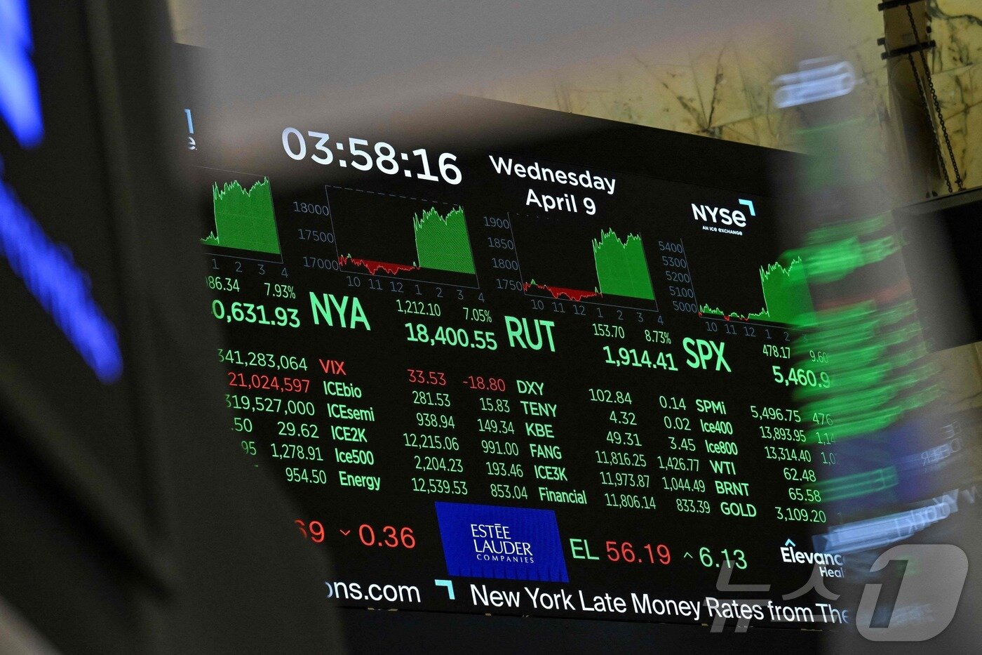본문 이미지 - 9일 &#40;현지시간&#41; 미국 뉴욕증권거래소&#40;NYSE&#41; 전광판에 거래번호가 나타나고 있다.  ⓒ AFP=뉴스1