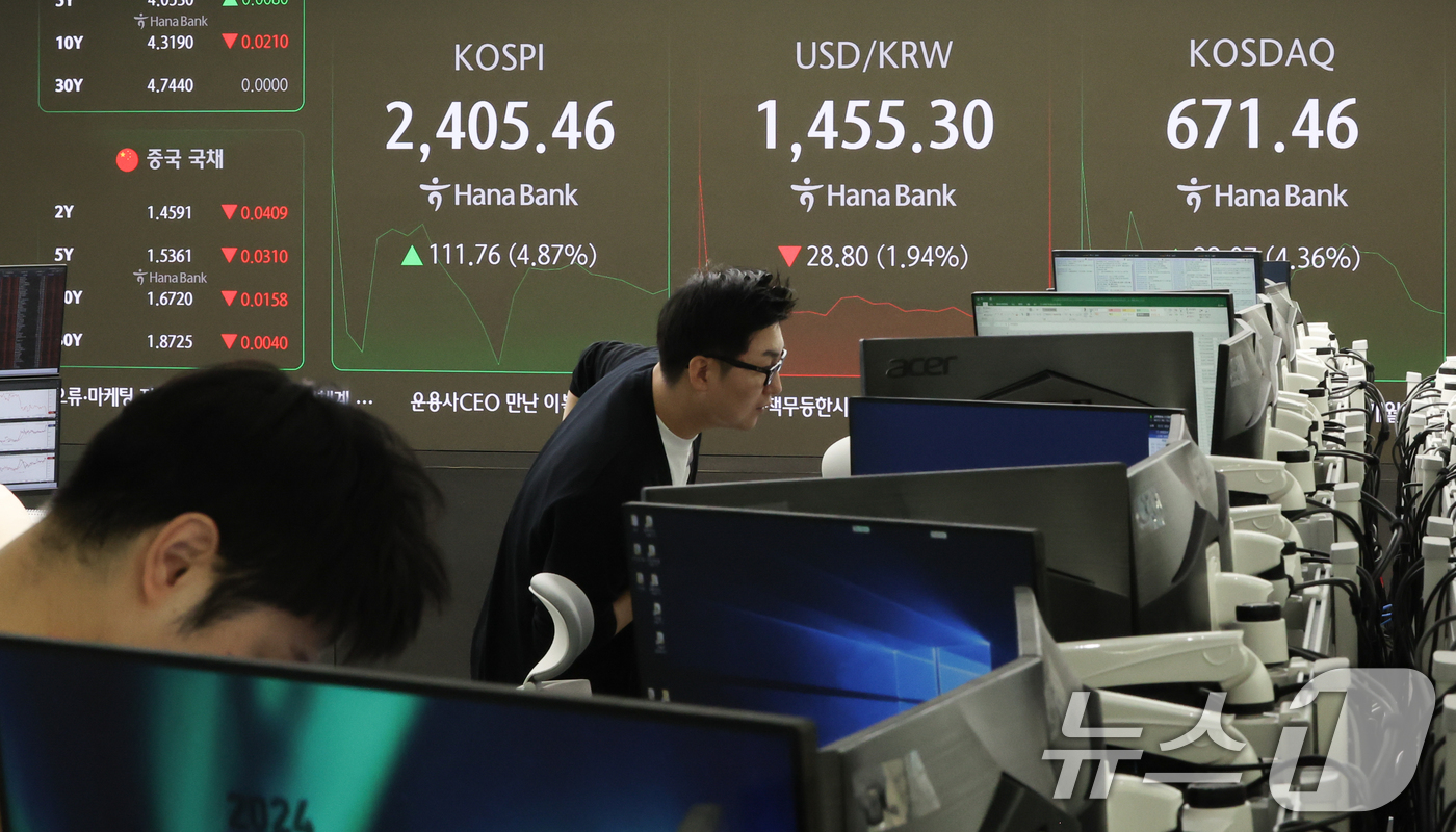 (서울=뉴스1) 허경 기자 = 장 초반 코스피200선물 지수가 6% 가까이 치솟으면서 유가증권시장에 매수 사이드카가 발동한 10일서울 중구 하나은행 본점 딜링룸 전광판에 증시가 표 …
