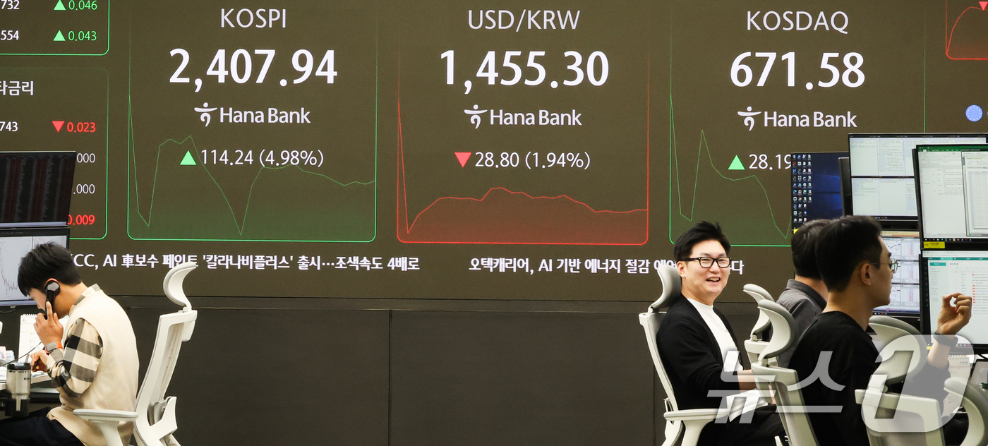 (서울=뉴스1) 허경 기자 = 장 초반 코스피200선물 지수가 6% 가까이 치솟으면서 유가증권시장에 매수 사이드카가 발동한 10일서울 중구 하나은행 본점 딜링룸 전광판에 증시가 표 …