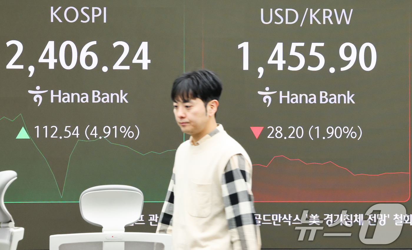 (서울=뉴스1) 허경 기자 = 장 초반 코스피200선물 지수가 6% 가까이 치솟으면서 유가증권시장에 매수 사이드카가 발동한 10일서울 중구 하나은행 본점 딜링룸 전광판에 증시가 표 …