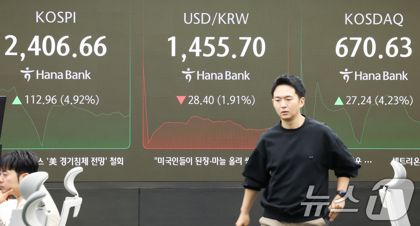 (서울=뉴스1) 허경 기자 = 장 초반 코스피200선물 지수가 6% 가까이 치솟으면서 유가증권시장에 매수 사이드카가 발동한 10일서울 중구 하나은행 본점 딜링룸 전광판에 증시가 표 …