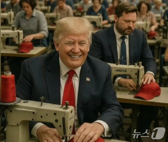 본문 이미지 - 인공지능으로 생성한 가짜 이미지에 재봉틀 앞에 앉은 트럼프 대통령과 밴스 부통령이 등장했다.