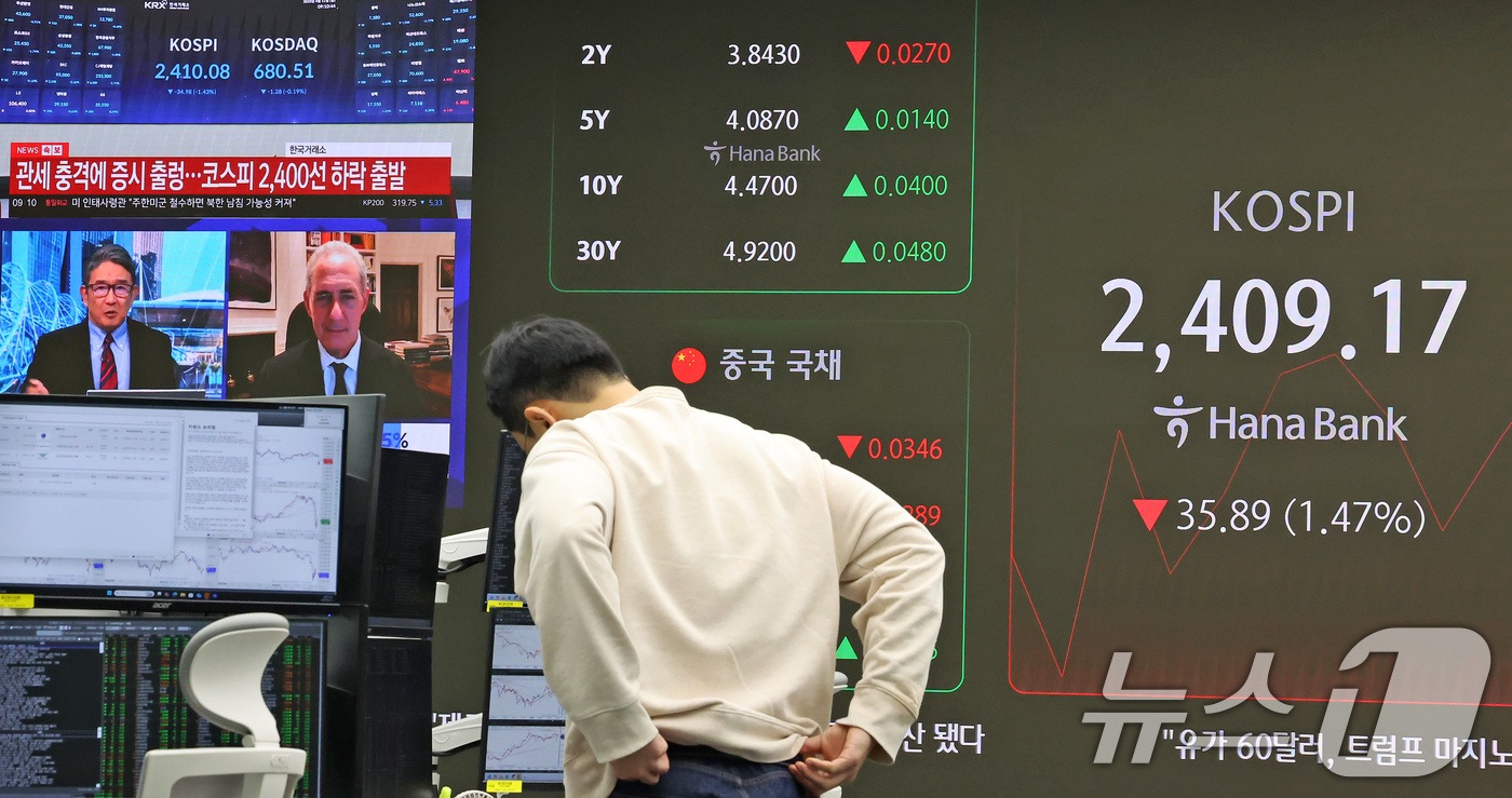 (서울=뉴스1) 장수영 기자 = 11일 오전 서울 중구 하나은행 본점 딜링룸 전광판에 코스피와 코스닥, 원달러 환율 현황이 표시되고 있다.이날 코스피는 전 거래일 대비 1.81%( …