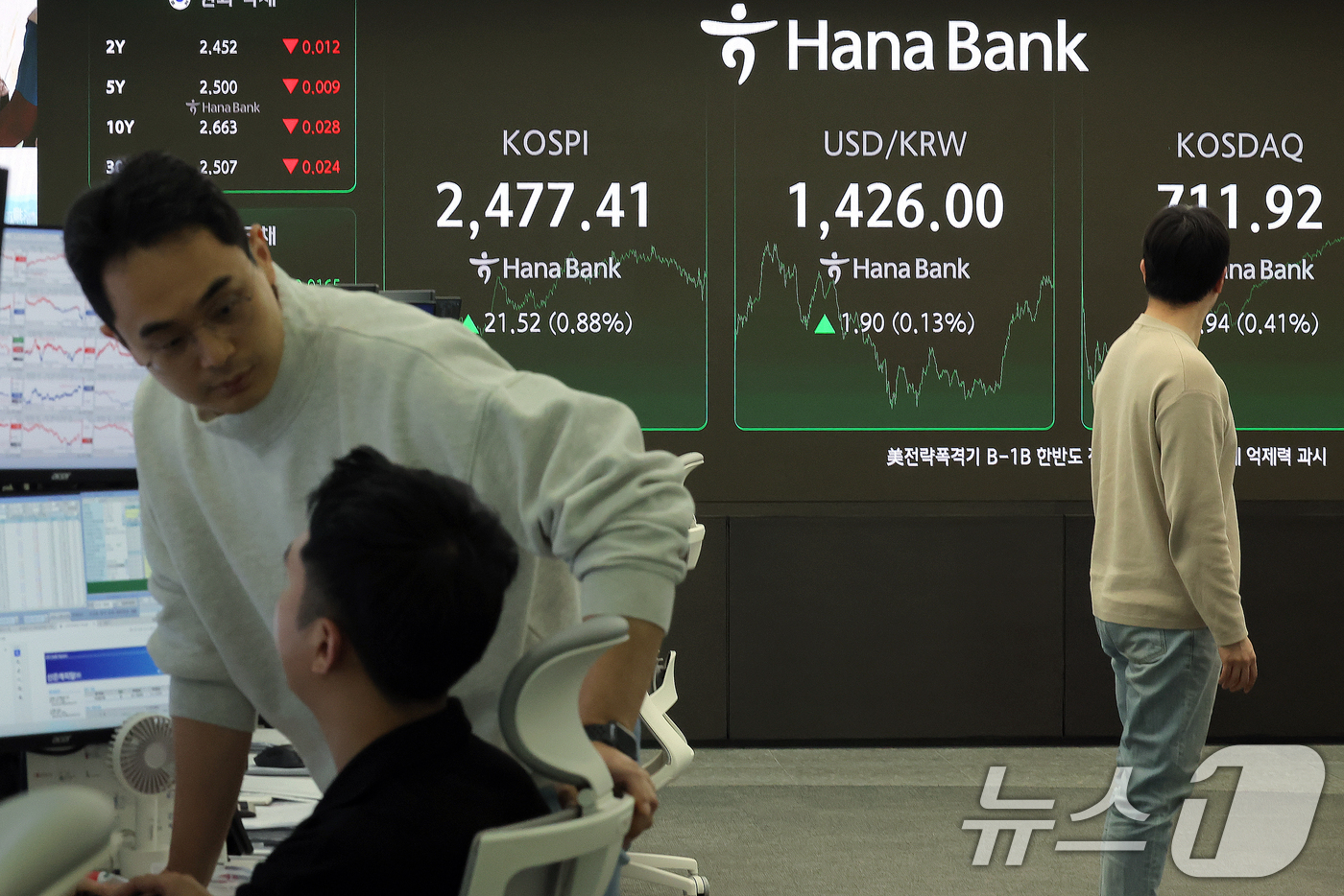 (서울=뉴스1) 박정호 기자 = 15일 오후 서울 중구 하나은행 본점 딜링룸 전광판에 증시가 표시되고 있다.이날 코스피 지수는 전 거래일 대비 21.52p(0.88%) 오른 2,4 …
