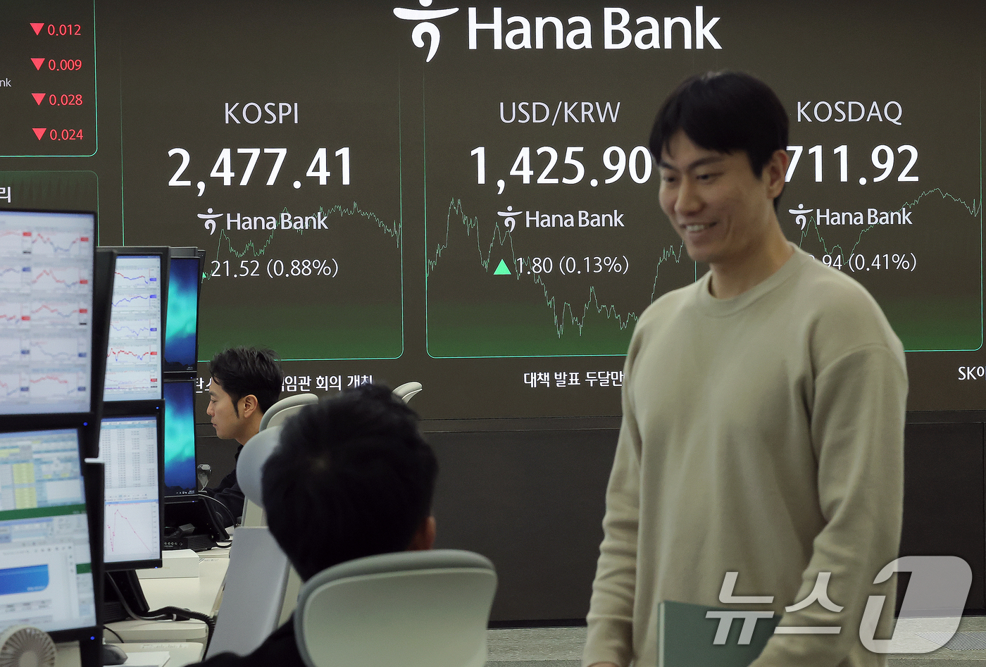 (서울=뉴스1) 박정호 기자 = 15일 오후 서울 중구 하나은행 본점 딜링룸 전광판에 증시가 표시되고 있다.이날 코스피 지수는 전 거래일 대비 21.52p(0.88%) 오른 2,4 …