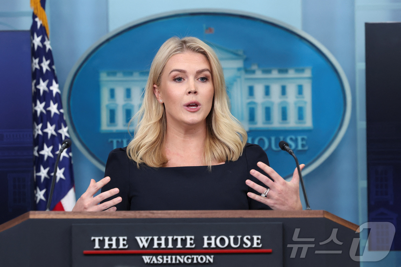 (워싱턴 로이터=뉴스1) 우동명 기자 = 캐롤라인 레빗 백악관 대변인이 15일(현지시간) 워싱턴 백악관 브래디 룸에서 브리핑을 갖고 "자동차 관세와 관련해 도널드 트럼프 대통령의 …