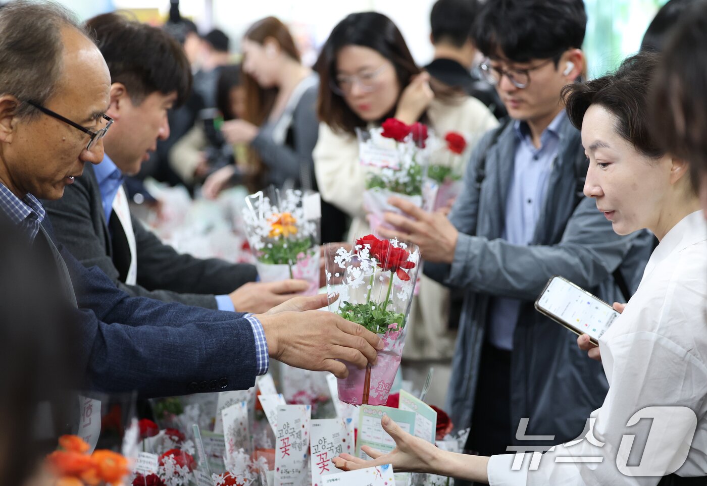본문 이미지 - 서울교통공사 임직원들이 17일 오전 서울 종로구 광화문역 대합실에서 출근길 시민들을 응원하며 &#39;라넌큘러스&#39; 화분 1,000개를 무료 나눔하고 있다. 2025.4.17/뉴스1 ⓒ News1 오대일 기자