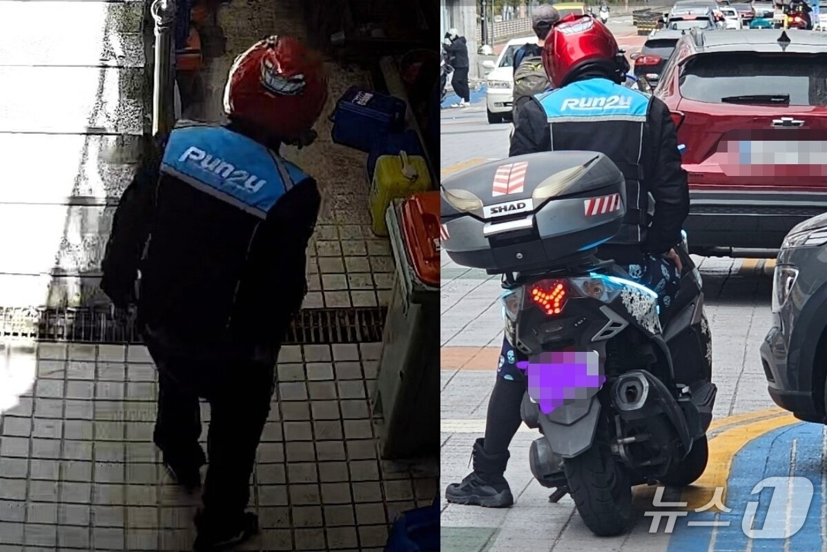 본문 이미지 - A 씨가 올린 배달 기사 사진&#40;왼쪽&#41;, 누리꾼이 제보한 배달 기사&#40;오른쪽&#41;. &#40;네이버 카페 &#39;배달세상&#39; 갈무리&#41;