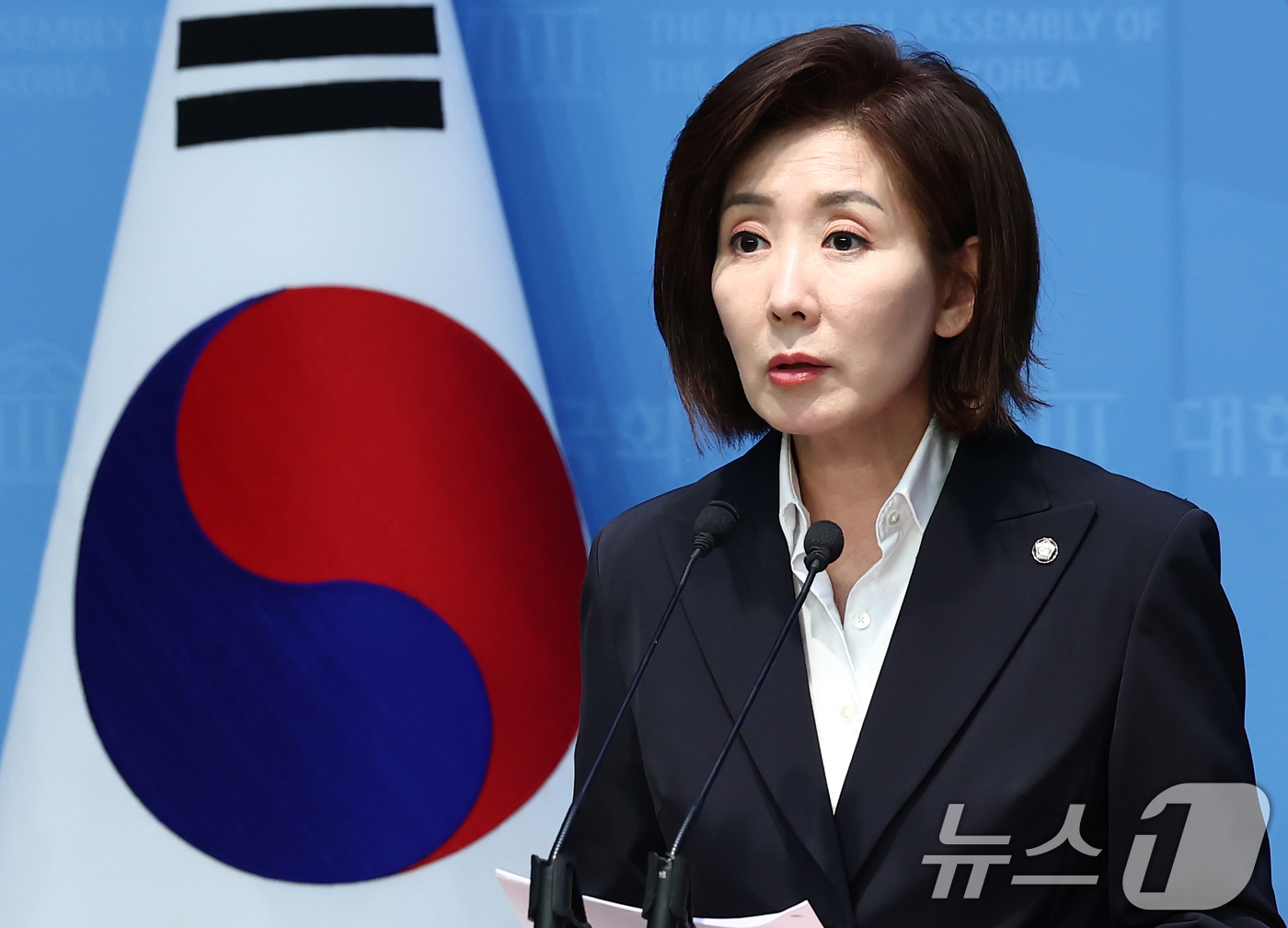 (서울=뉴스1) 김민지 기자 = 나경원 국민의힘 대선 경선 후보자가 17일 오후 서울 여의도 국회 소통관에서 외교·안보·국방·통일 공약 발표 기자회견을 하고 있다. 2025.4.1 …