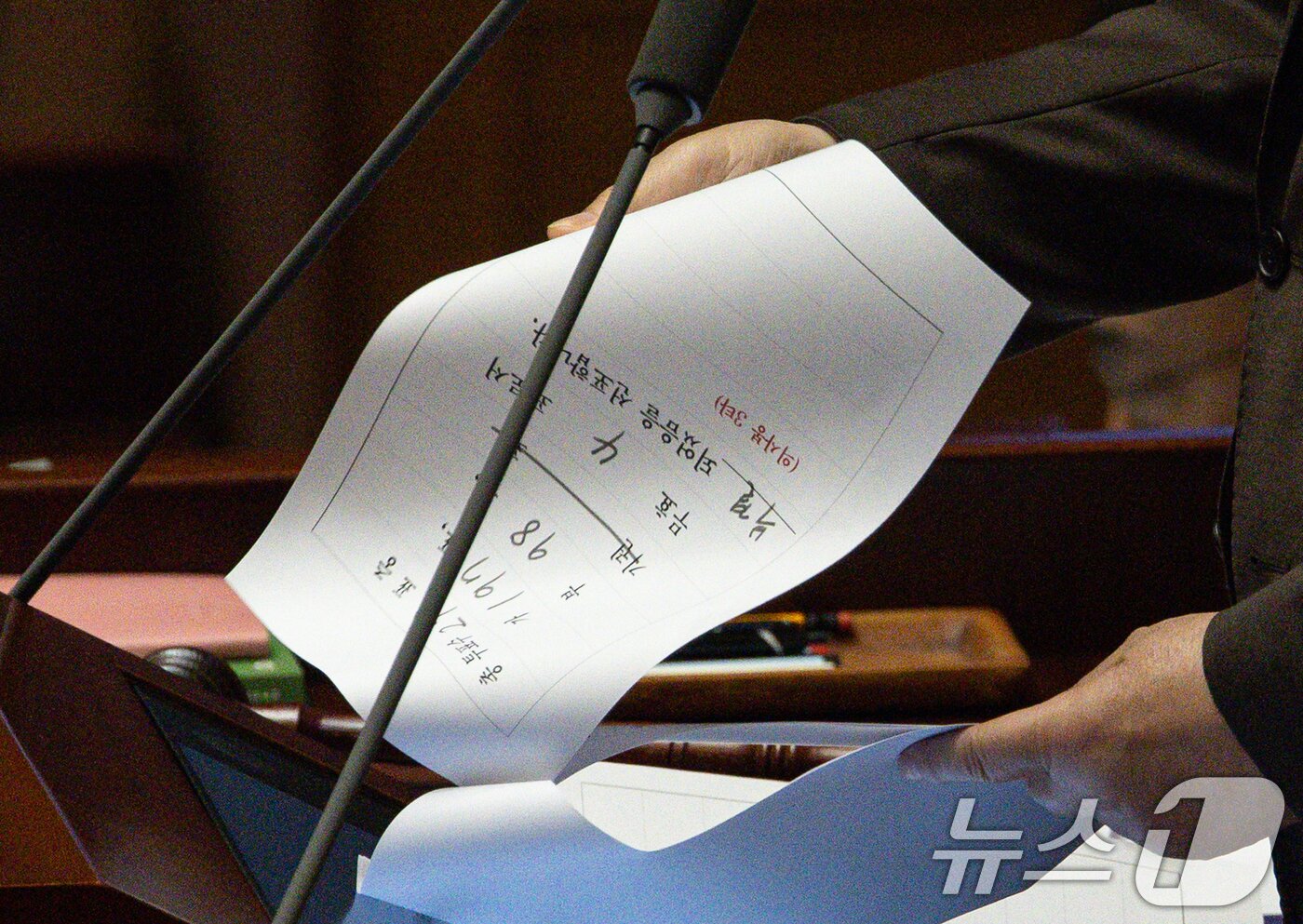본문 이미지 - 17일 오후 서울 여의도 국회에서 열린 제424회 국회(임시회) 제5차 본회의에서 명태균과 관련한 불법 선거개입 및 국정농단 사건 등의 진상규명을 위한 특별검사의 임명 등에 관한 법률안 재의의 건이 부결되고 있다. 2025.4.17/뉴스1 ⓒ News1 이재명 기자