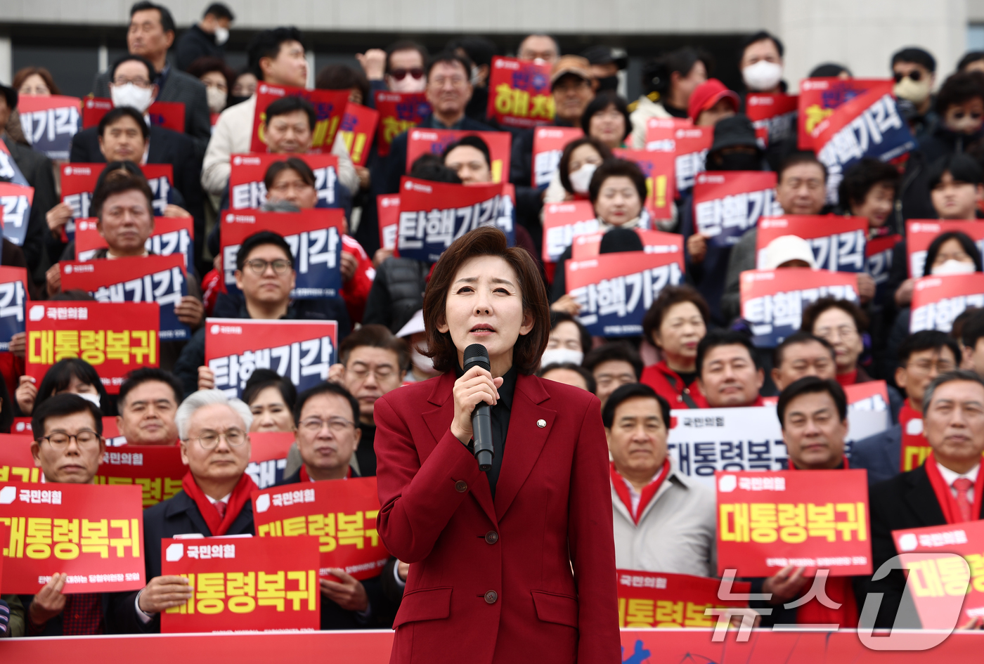 (서울=뉴스1) 김민지 기자 = 나경원 국민의힘 의원이 2일 오후 서울 여의도 국회 본청 계단에서 탄핵반대당협위원장모임(탄반모) 윤석열 대통령 탄핵 기각을 위한 마지막 총집결 집회 …
