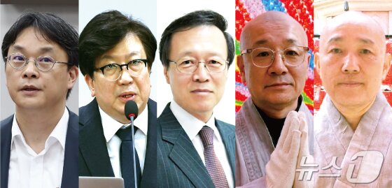본문 이미지 - 왼쪽부터 박원호 서울대 정치외교학과 교수, 신율 명지대 정치외교학과 교수, 최창렬 용인대 특임교수, 지몽 스님(대한불교조계종 사회노동위원장), 일문 스님(실천불교전국승가회 공동대표) ⓒ News1 김초희 디자이너