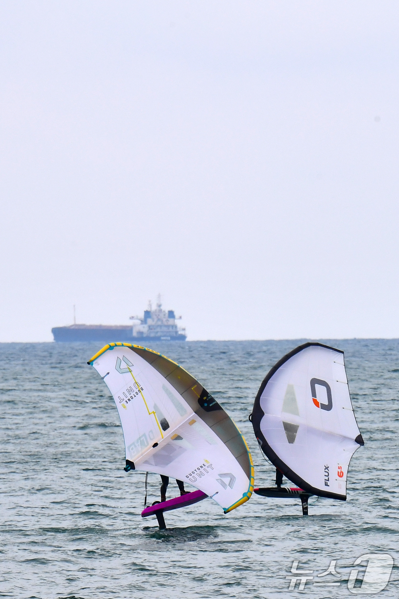 (포항=뉴스1) 최창호 기자 = 20일 오후 경북 포항시 송도해수욕장에서 윙포일 동호인들이 파도를 타고 있다. 2025.4.20/뉴스1