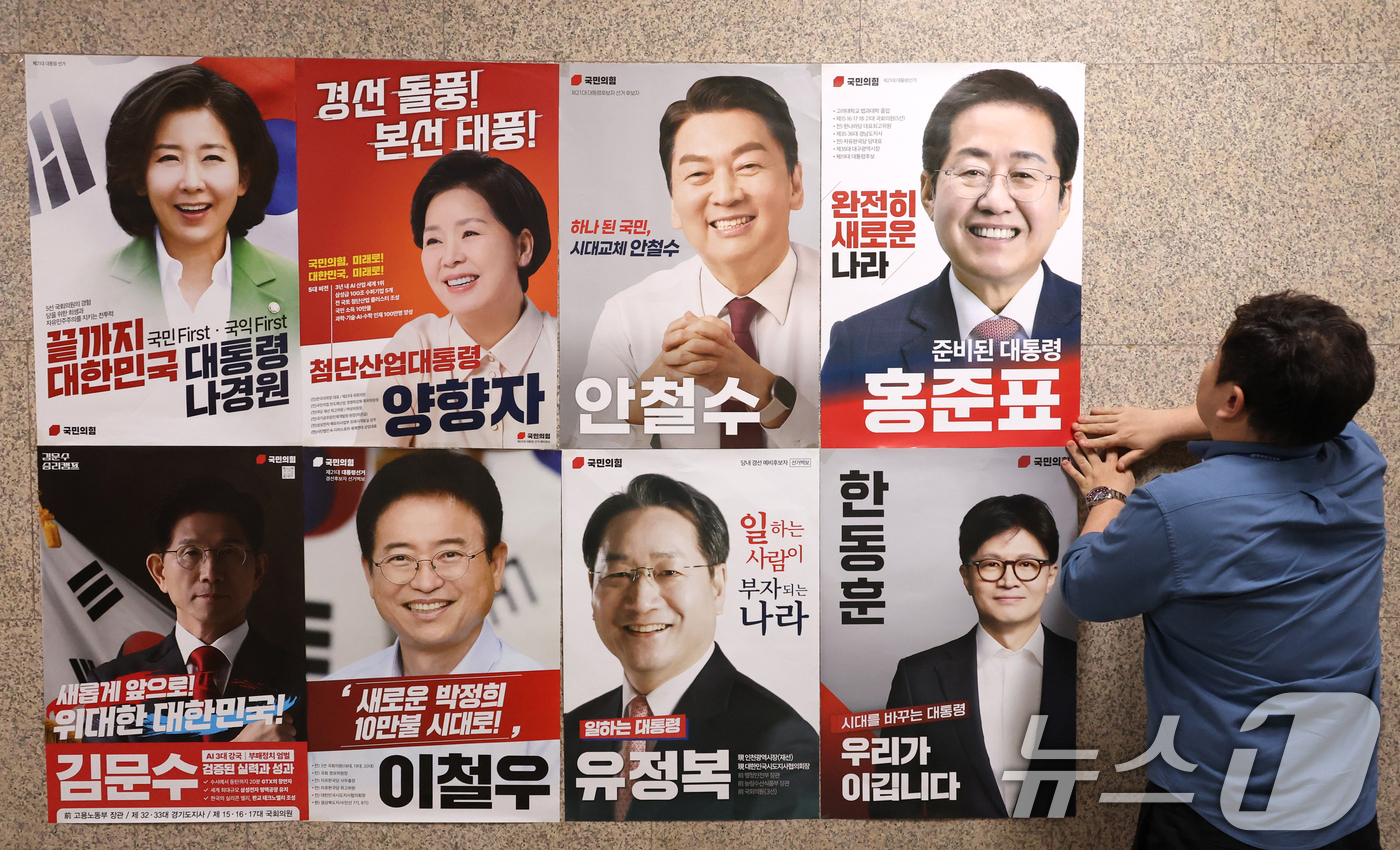 (서울=뉴스1) 이광호 기자 = 20일 오후 서울 여의도 국회 본청 국민의힘 사무실 앞 벽면에 당 관계자가 대선 경선 후보자 포스터를 붙이고 있다. 2025.4.20/뉴스1