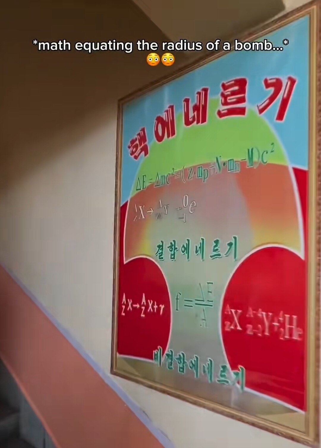 본문 이미지 - 구독자 169만명을 보유한 한 아일랜드 출신 유튜버&#40;Andrea&Lewis&#41;가 공개한 쇼츠에 등장하는 북한 나진 외국어 학교 복도에 걸린 선전화. &#40;유튜브 갈무리&#41;