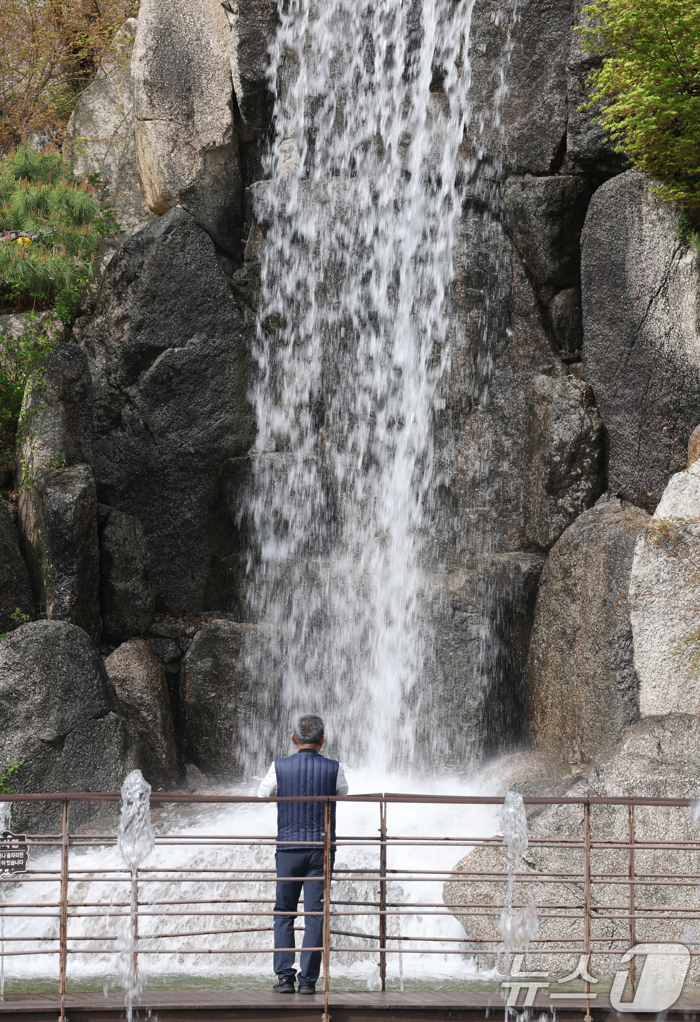 (안산=뉴스1) 김영운 기자 = 낮 최고기온이 26도까지 오르는 등 따뜻한 초여름 날씨를 보인 21일 경기 안산시 상록구 노적봉인공폭포공원을 찾은 시민이 시원한 폭포를 바라보고 있 …