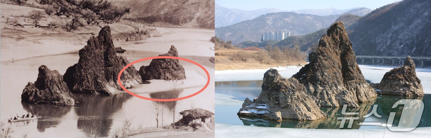 본문 이미지 - 1970년 대 촬영된 것으로 알려진 단양 도담삼봉(왼쪽) 모습과 현재의 도담삼봉 모습. 왼쪽 도담삼봉 아래 지점에 모래톱(빨간 원)이 형성돼 있고, 오른쪽 도담상봉 아래 지점은 모래톱이 없다.2025.3.9./뉴스1 ⓒ News1 손도언 기자