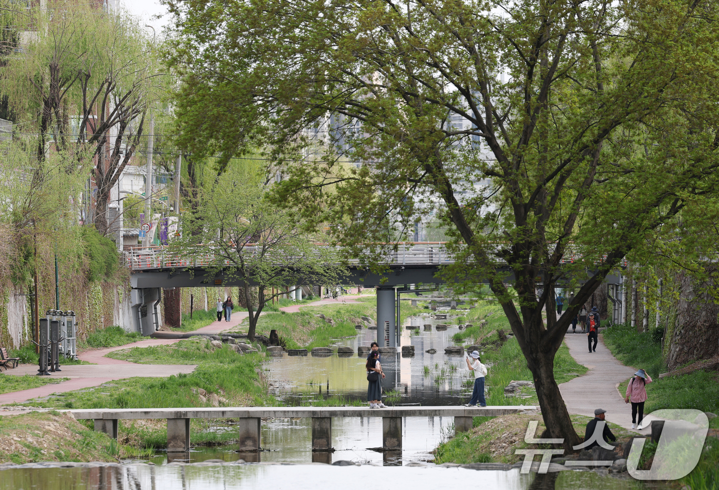 (수원=뉴스1) 김영운 기자 = '지구의 날'을 하루 앞둔 21일 오후 경기 수원시 팔달구 수원화성 화홍문 인근에서 시민들이 산책을 하고 있다.'지구의 날'은 1969년 미국 캘리 …