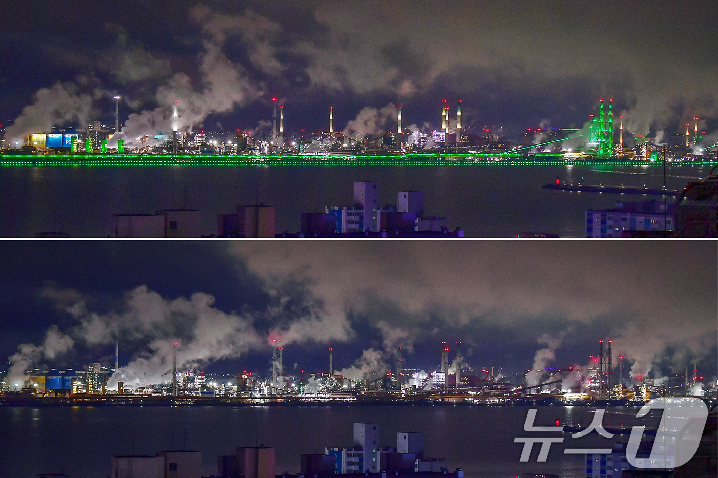 (포항=뉴스1) 최창호 기자 = '제55회 지구의 날'을 맞은 22일 포항 남구 포스코 포항제철소 경관 조명이 오후 8시부터 8시 10분까지 소등됐다. 사진은 소등 전후 포항제철소 …