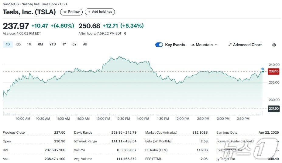 본문 이미지 - 테슬라 일일 주가추이 - 야후 파이낸스 갈무리