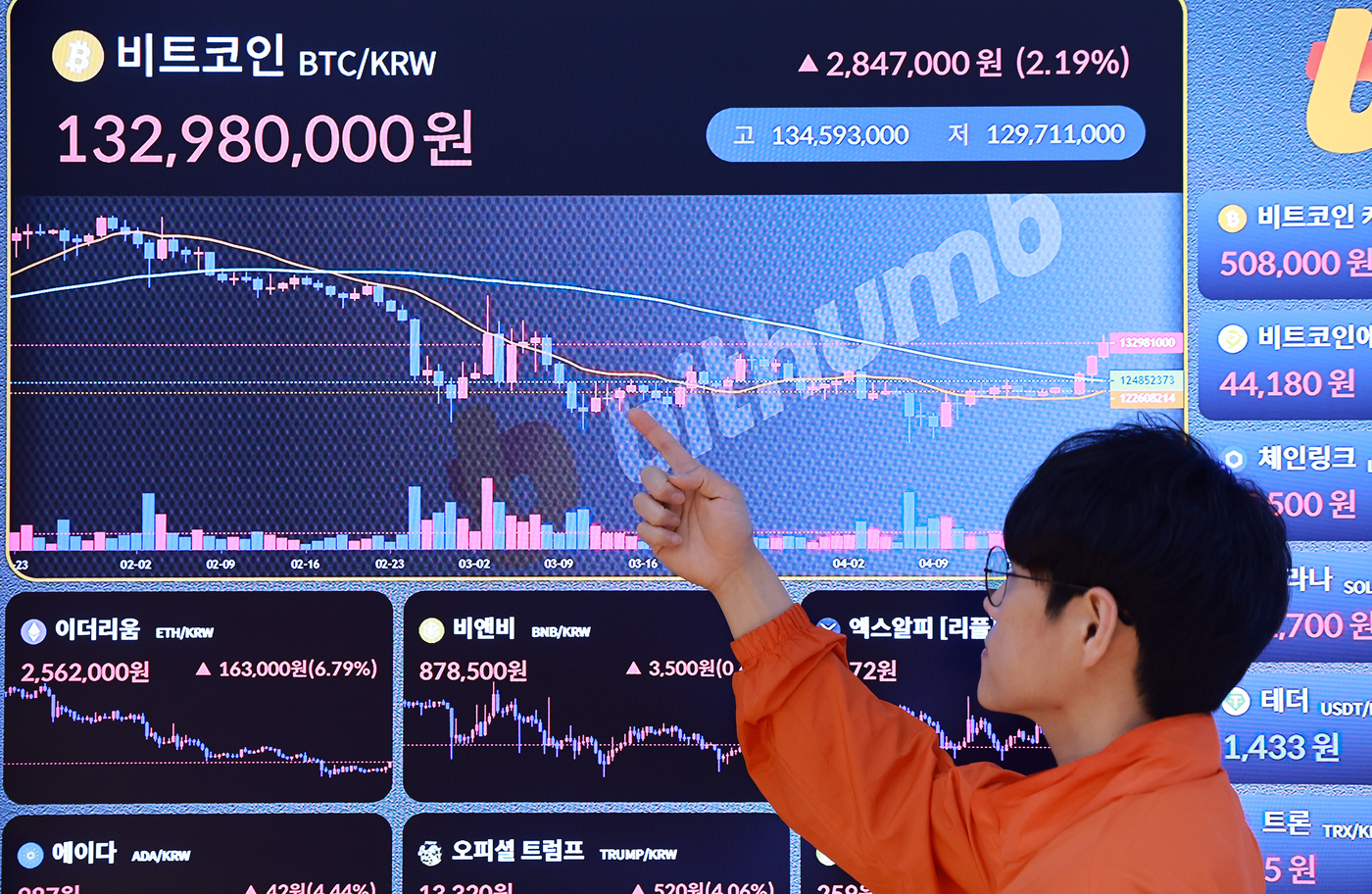 (서울=뉴스1) 김진환 기자 = 23일 서울 서초구 빗썸라운지 전광판에 비트코인 등 가상자산 시세가 표시되고 있다.비트코인 가격이 약세장인 미국 증시 속에서도 반등하며 한 달 반 …