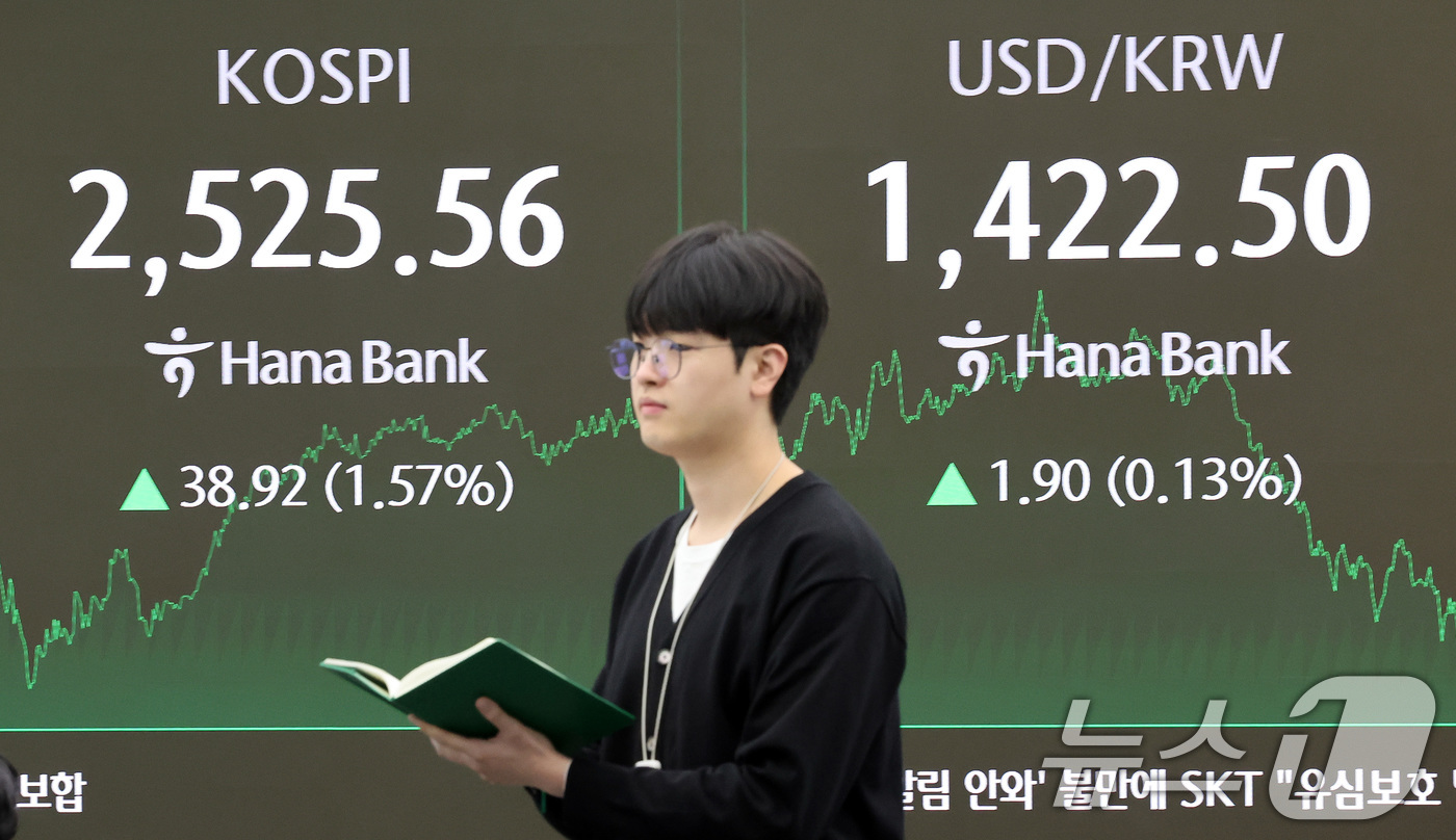 (서울=뉴스1) 이동해 기자 = 23일 서울 중구 하나은행 본점 딜링룸 전광판에 종가 현황이 표시돼 있다.이날 코스피 지수는 전 거래일 대비 38.92포인트(1.57%) 오른 2, …
