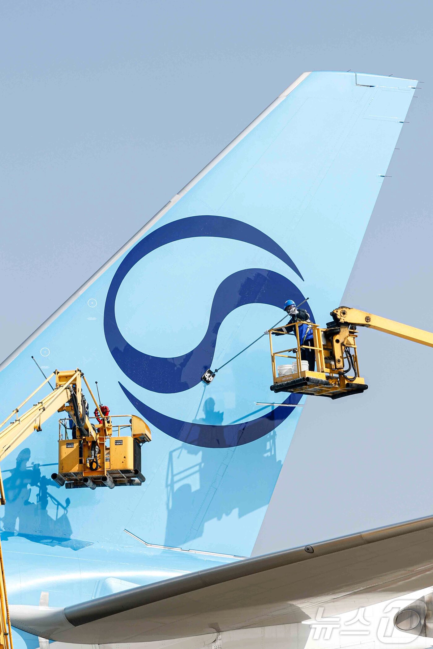 본문 이미지 - 24일 오전 인천 중구 인천국제공항 대한항공 격납고에서 직원들이 봄을 맞아 항공기 동체를 세척하고 있다. 이날 세척한 항공기는 보잉 777-300ER 기종으로 대한항공의 새 도장이 적용된 기체다. (공동취재) ⓒ News1 장수영 기자