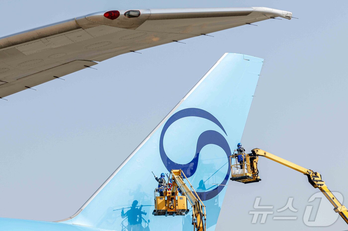 본문 이미지 - 지난해 4월 인천 중구 인천국제공항 대한항공 격납고에서 직원들이 봄을 맞아 항공기 동체를 세척하고 있는 모습. 세척된 항공기는 보잉 777-300ER 기종으로 대한항공의 새 도장이 적용된 기체다(자료사진. 공동취재)  2025.4.24. ⓒ 뉴스1 장수영 기자