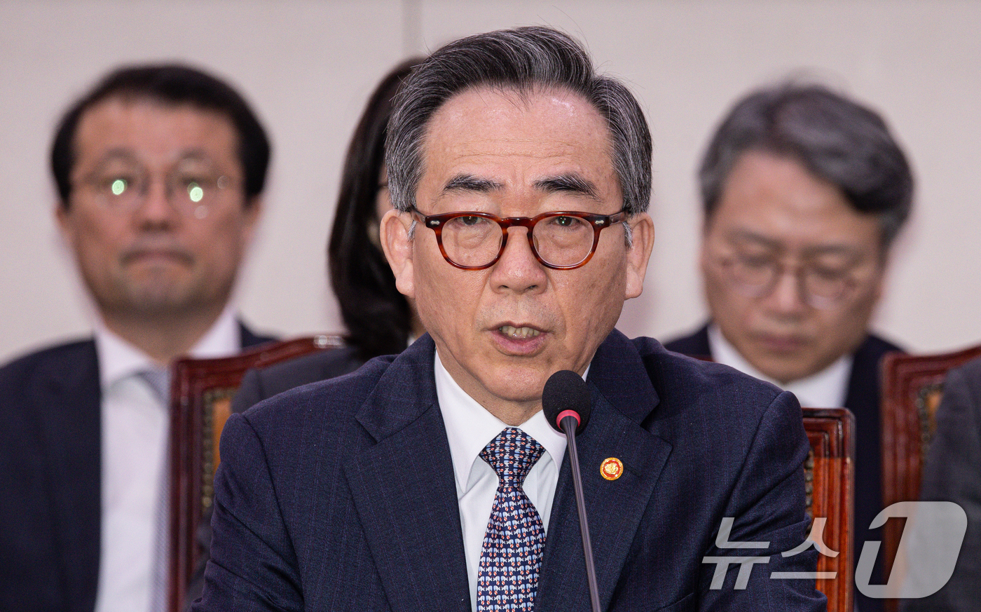 (서울=뉴스1) 이재명 기자 = 조태열 외교부 장관이 24일 오전 서울 여의도 국회에서 열린 제424회 국회(임시회) 외교통일위원회 제2차 전체회의에서 김석기 위원장 질문에 답변하 …