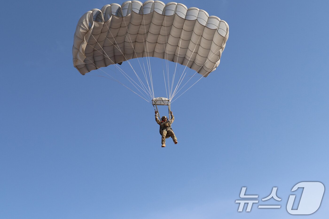 본문 이미지 - 공군은 지난 21일부터 UAE 알 다프라 공군기지에서 열리는 '2025 데저트 플래그'에 참가해 화물 투하, 비포장 활주로 착륙 훈련을 실시하고 있다고 25일 밝혔다. 공군 항공특수통제사(CCT)와 아크부대 고공팀이 C-130H 수송기에서 고공강하를 하고 있다. (공군 제공. 재판매 및 DB 금지) 2025.4.25/뉴스1