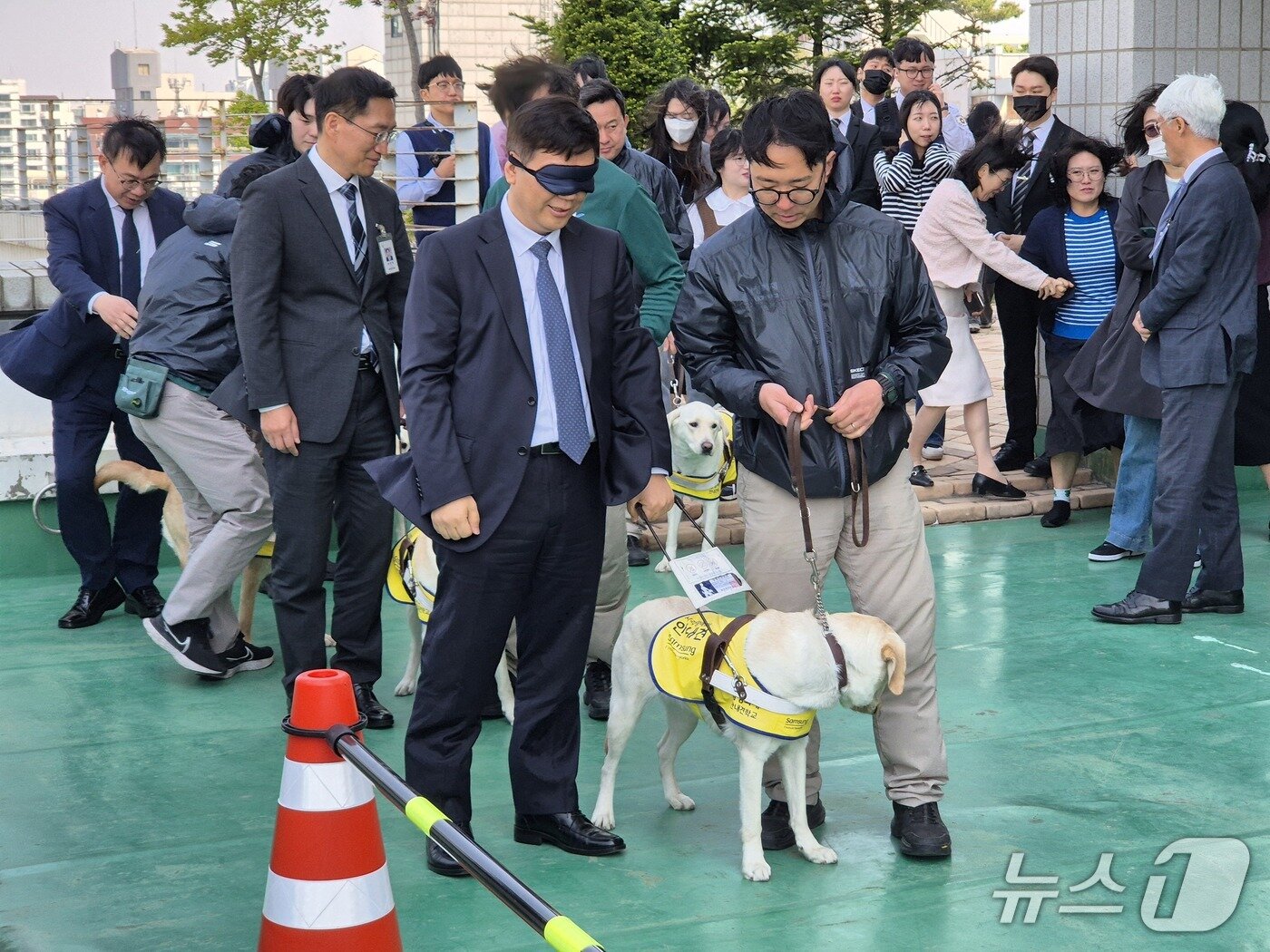 본문 이미지 - 25일 서울남부지법에서 법관들이 안내견의 안내를 받아 움직이고 있다. 2025.4.25/뉴스1 ⓒ News1 신윤하 기자