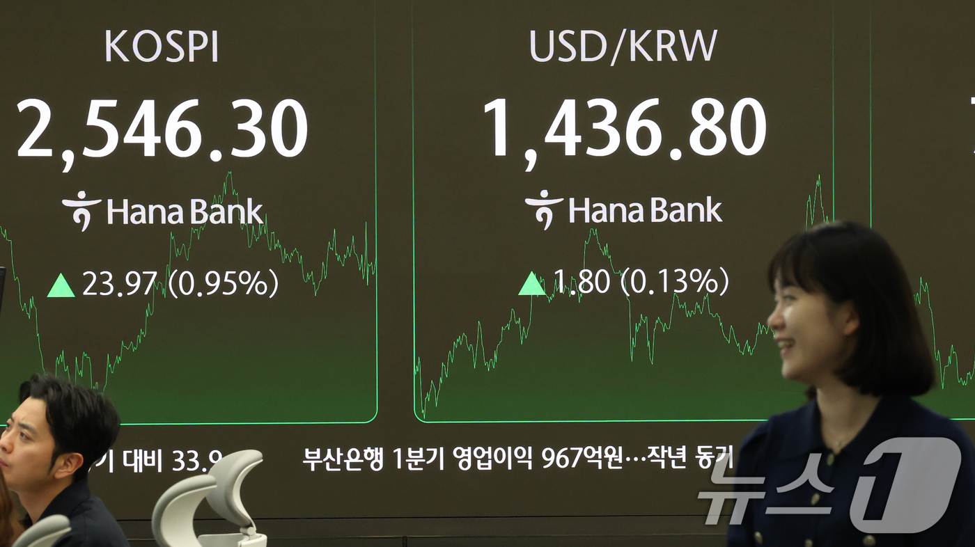 (서울=뉴스1) 허경 기자 = 25일 서울 중구 하나은행 본점 딜링룸 전광판에 코스피지수가 전날 종가와 비교해 23.97포인트(p)(0.95%) 상승한 2546.30을 나타내고 있 …