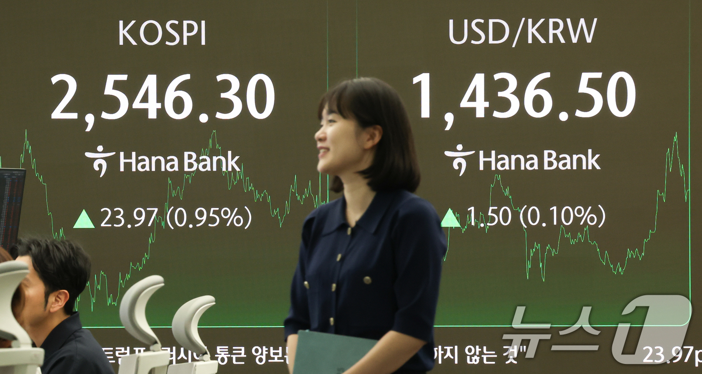 (서울=뉴스1) 허경 기자 = 25일 서울 중구 하나은행 본점 딜링룸 전광판에 코스피지수가 전날 종가와 비교해 23.97포인트(p)(0.95%) 상승한 2546.30을 나타내고 있 …