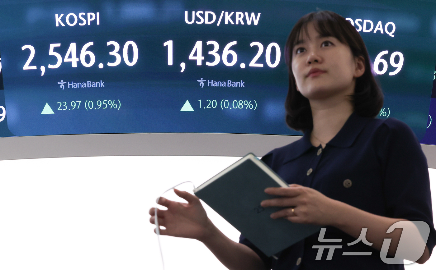 (서울=뉴스1) 허경 기자 = 25일 서울 중구 하나은행 본점 딜링룸 전광판에 코스피지수가 전날 종가와 비교해 23.97포인트(p)(0.95%) 상승한 2546.30을 나타내고 있 …