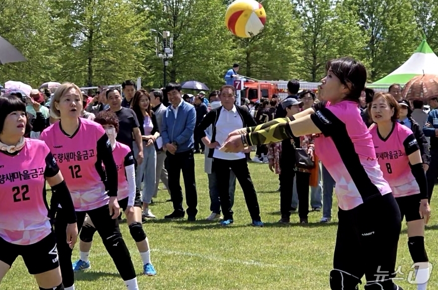 (구미=뉴스1) 정우용 기자 = 26일 구미 낙동강체육공원에서 열린 LG여성배구대회에 참가한 구미 읍면동지역 대표선수들이 경기를 하고 있다.구미 25개 읍·면·동 여성 배구팀들이 …