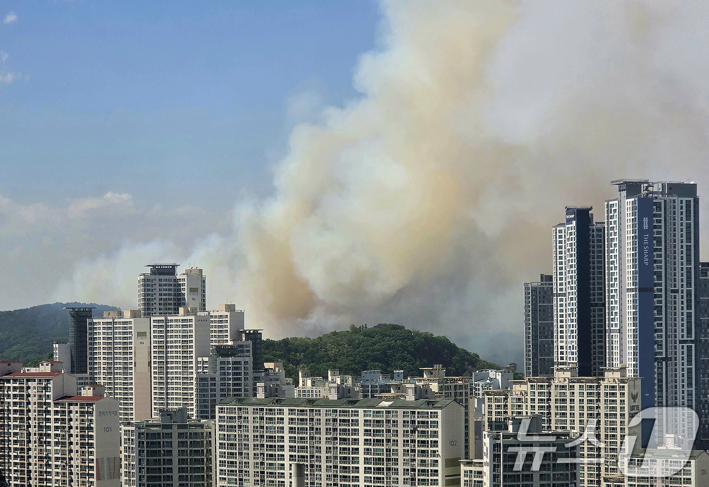 (대구=뉴스1) 공정식 기자 = 28일 오후 2시 1분쯤 대구 북구 노곡동 함지산에서 불이 나 연기가 바람을 타고 도심으로 번지고 있다. 2025.4.28/뉴스1